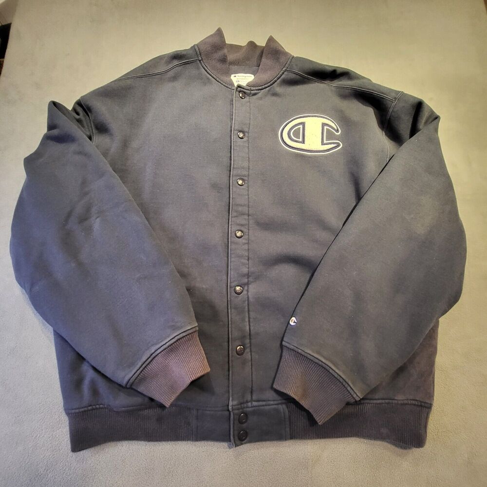 Champion Varsity Jacket Mens 3XL Navy Letterman Quilt Lined Snap Button Full Zip